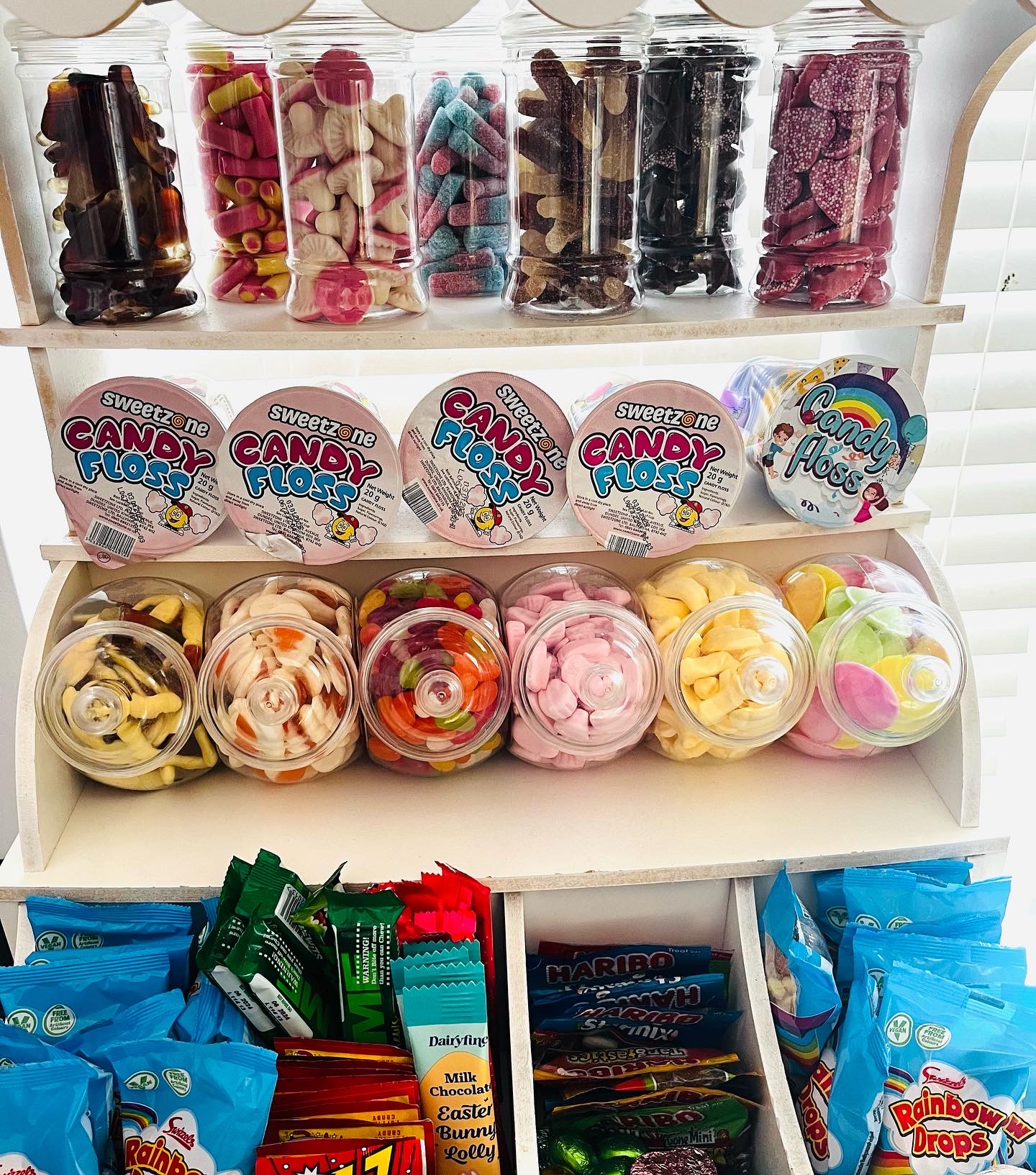 Close up of sweets in a sweet cart at a kids party in Telford