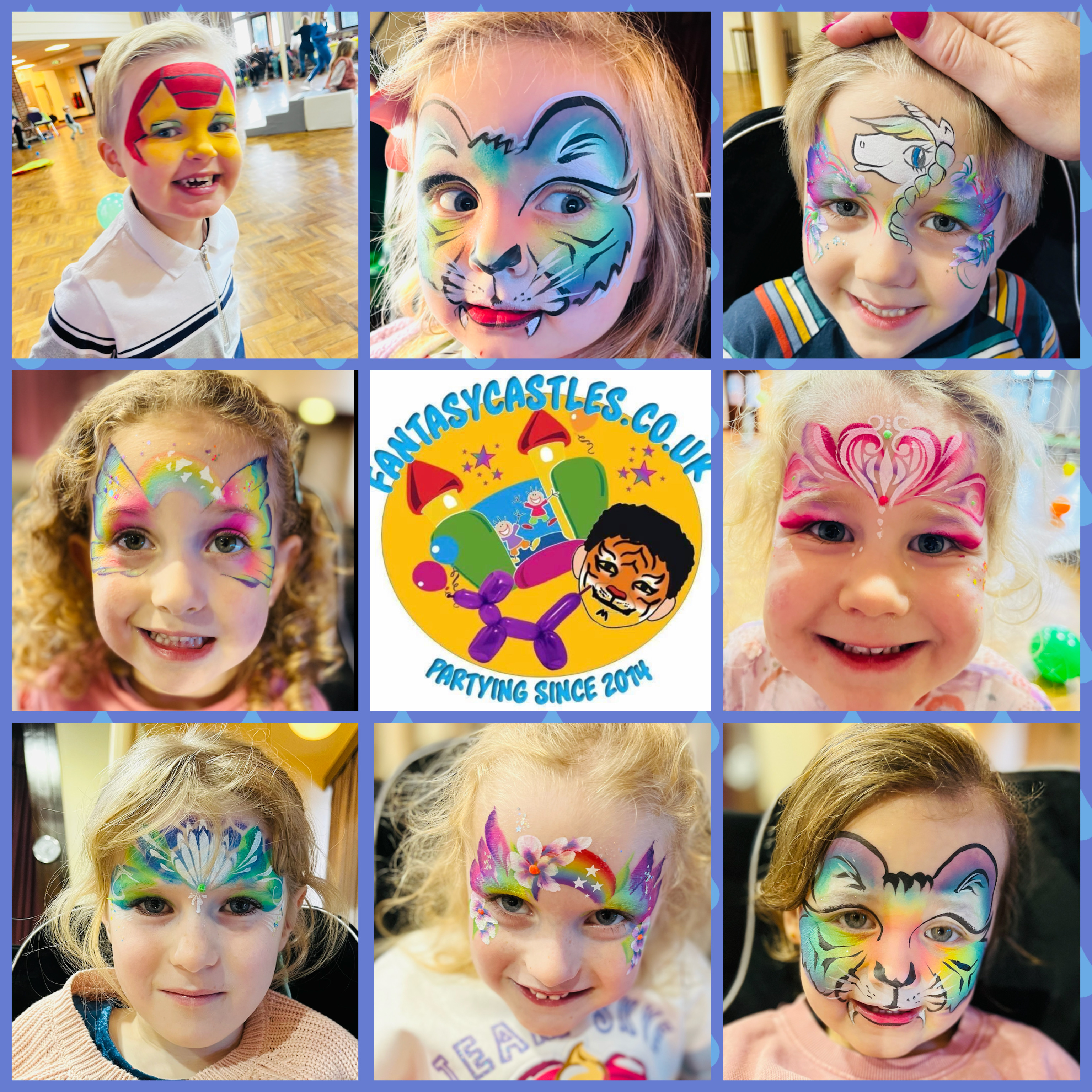 Children with ironman, butterfly and mermaid face painting designs