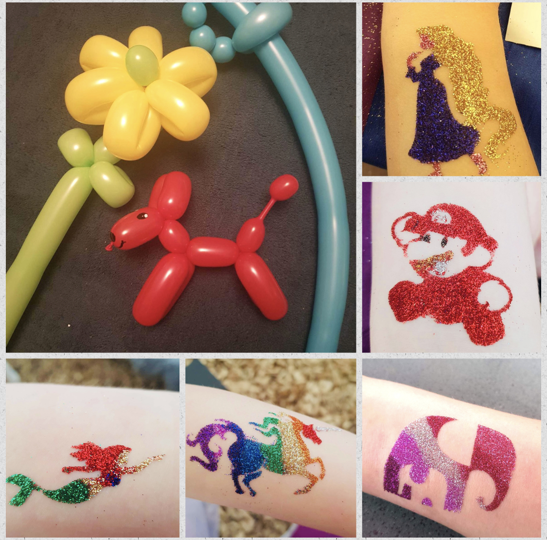 balloon dog and balloon sword with glitter tattoos
