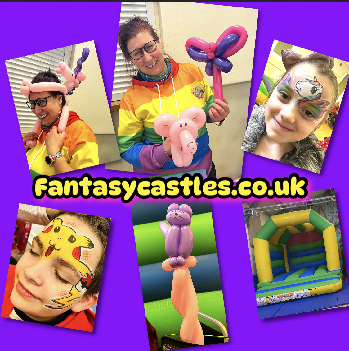 bouncy castle and ppicture of child with face painted like pokemon and a butterfly face paint . Butterfly and a cat shape made from balloons
