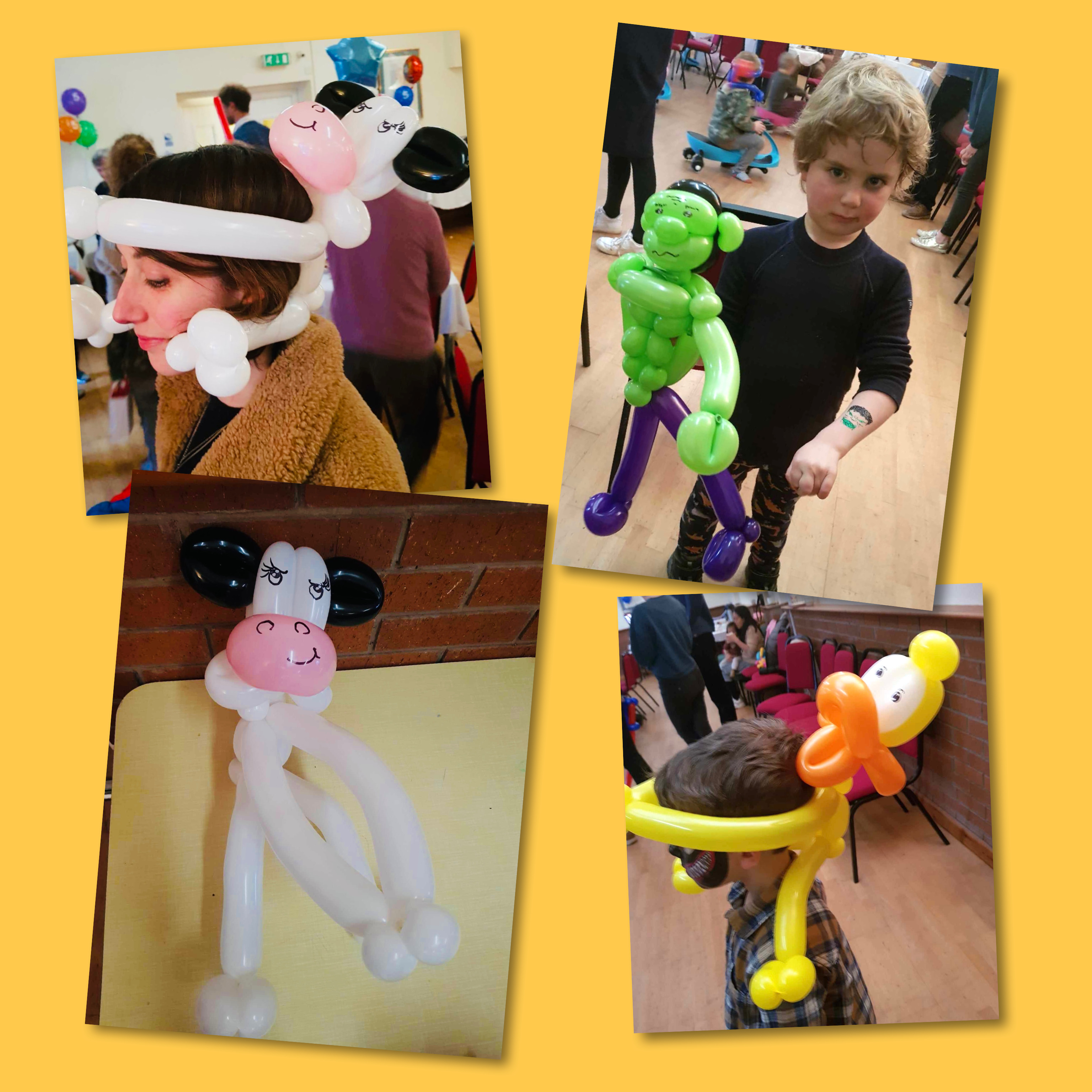 children wearing balloon hats in shapes of animals