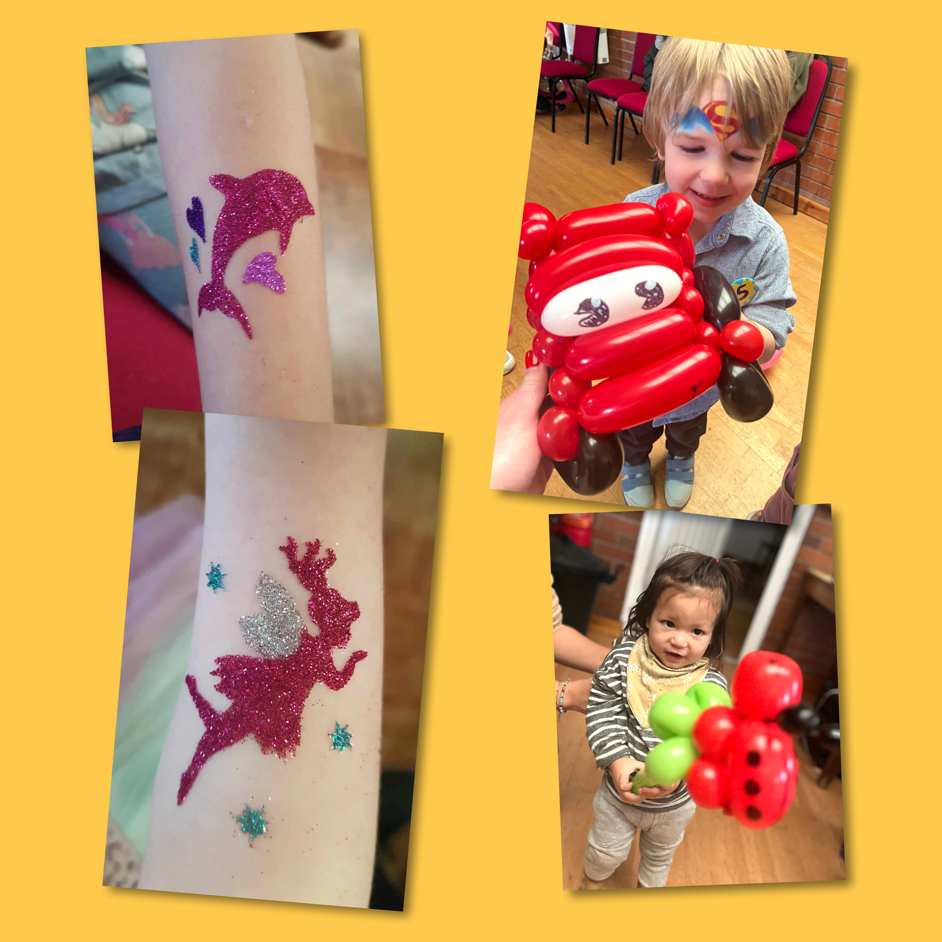 child with sparkly glitter tattoo on arm in shape of a dolphin