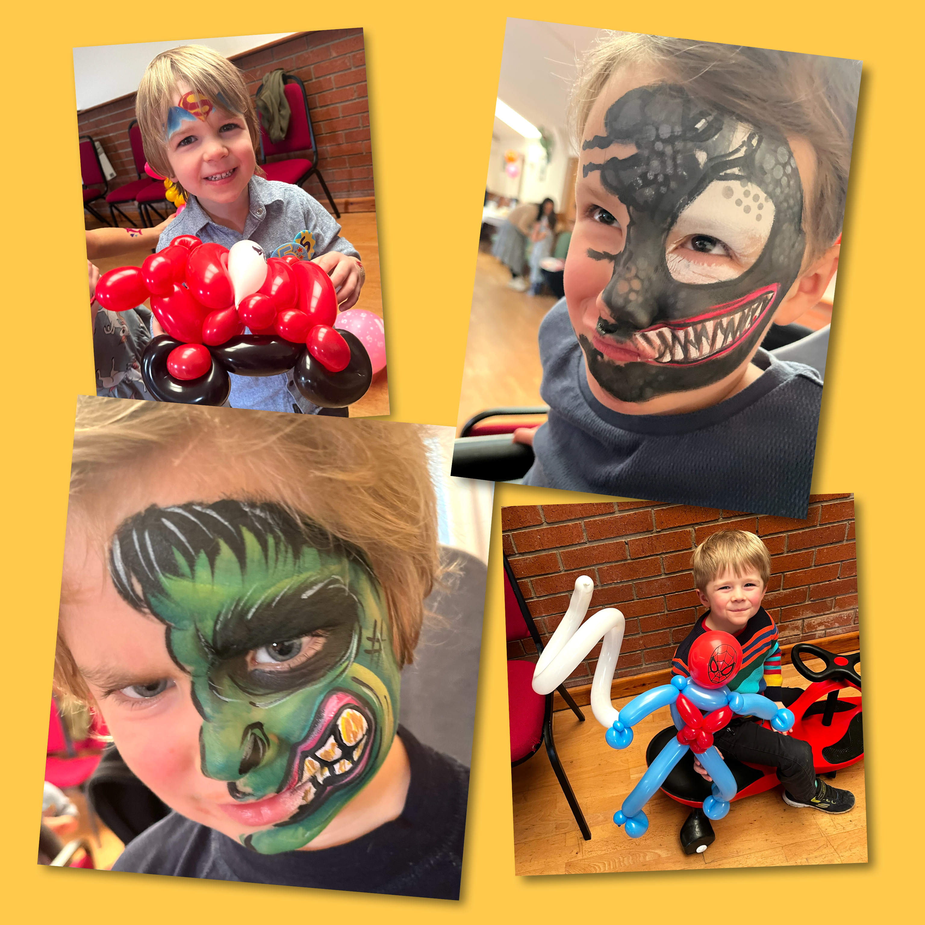by with superman face paint holding a lightening mqueen car made out of balloons