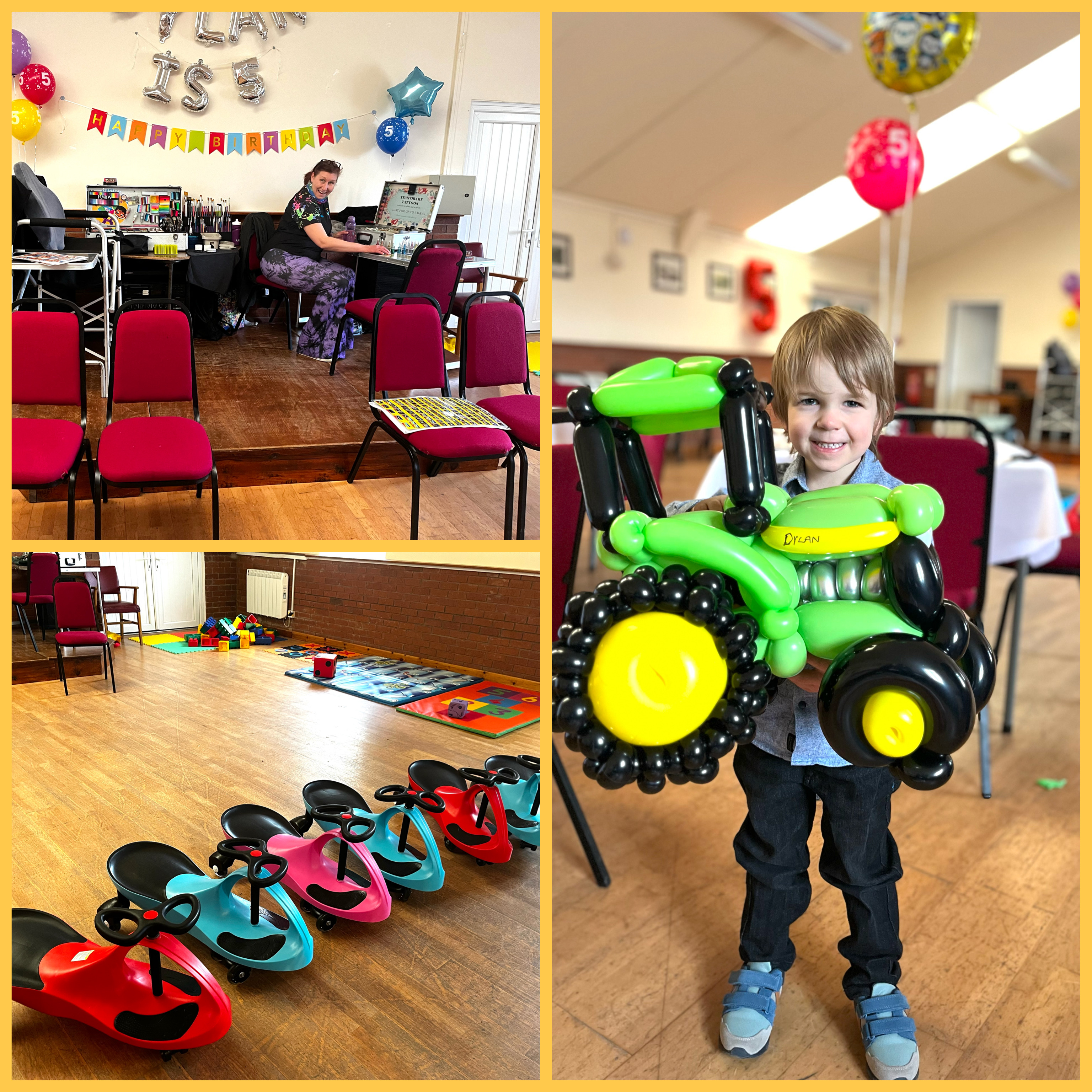 little boy holding giant tractor made out of balloons giant party games and wiggle cars