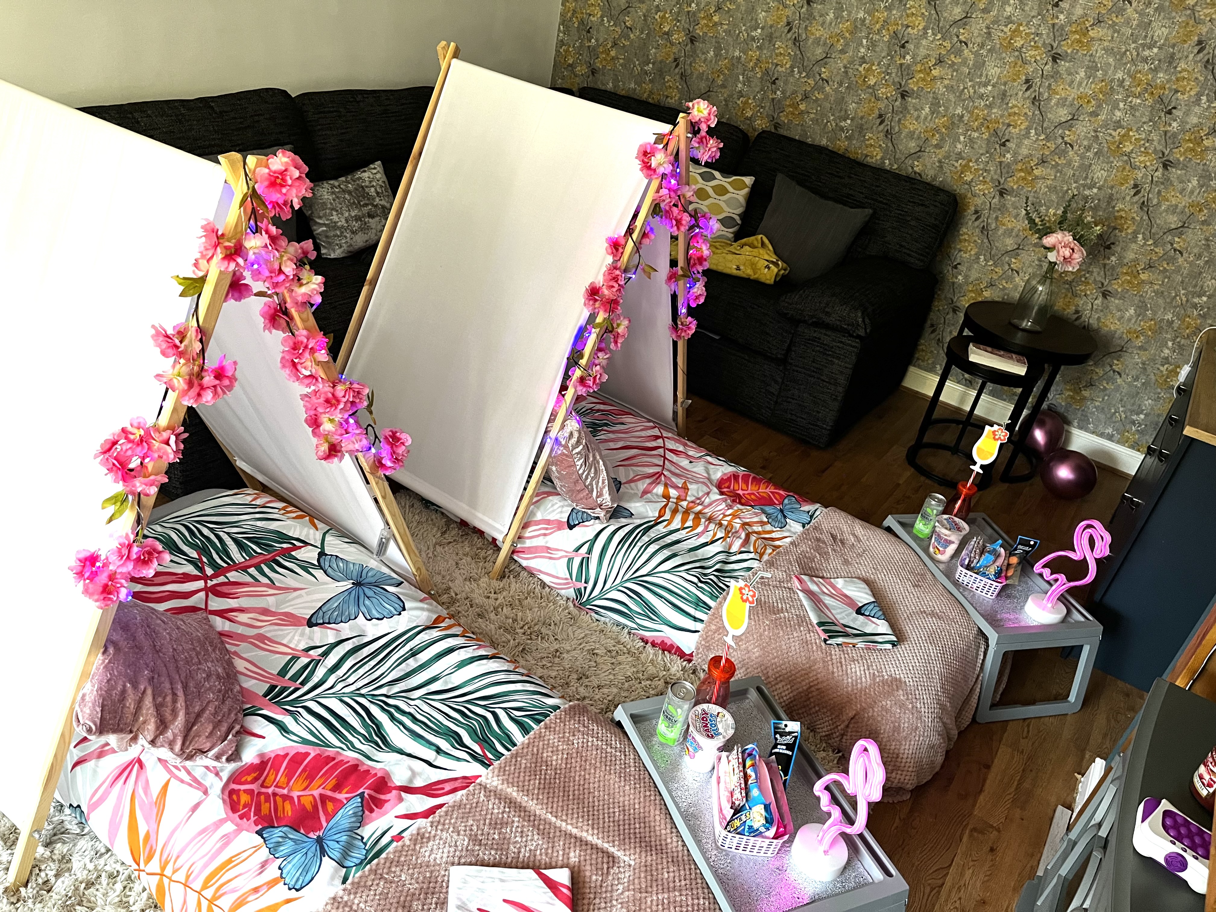 Tropical themed teepee pents at a sleepover party in Telford