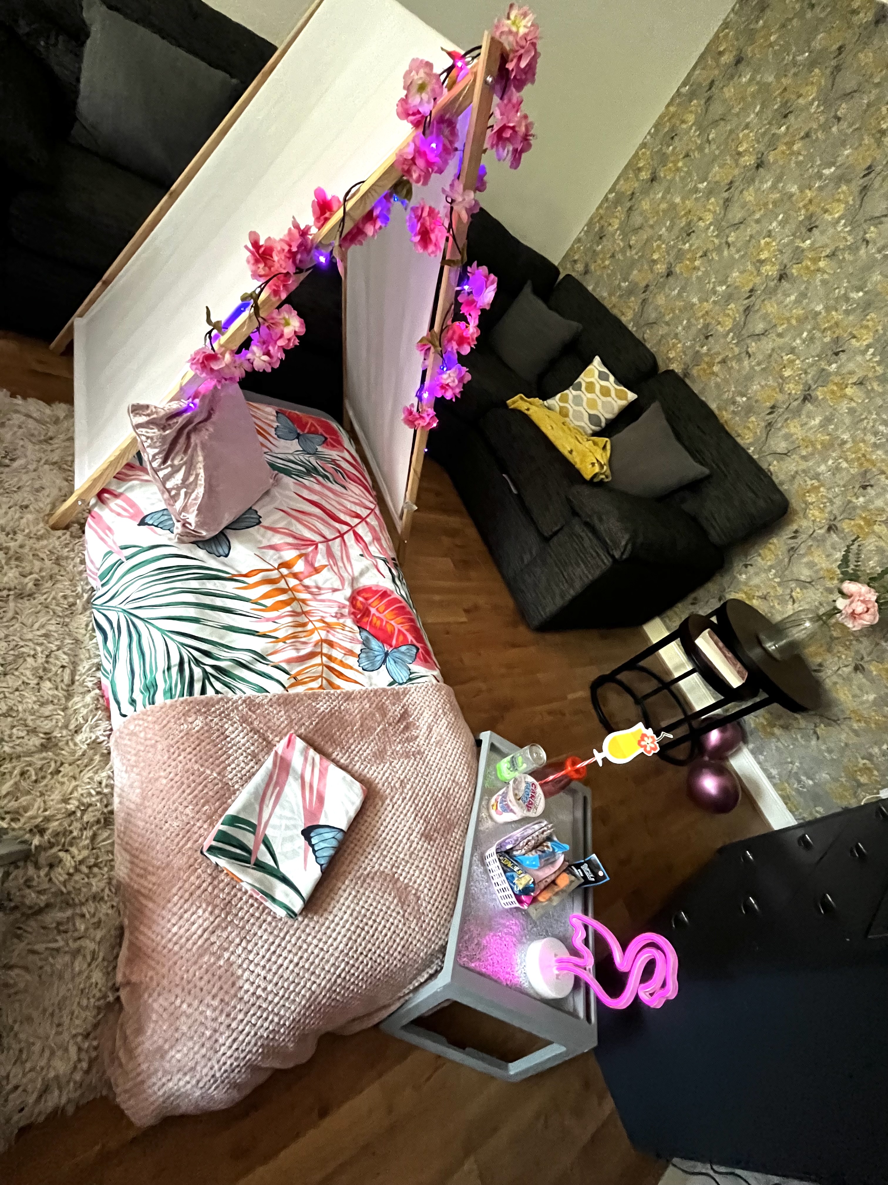 Sleepover party with teepee tents in tropical theme at a party in Telford