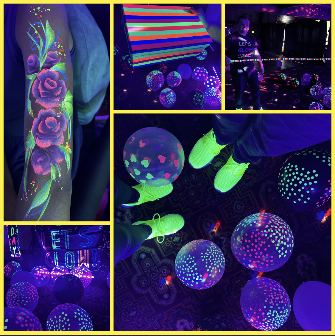 uv face painting and balloons at a uv neon disco